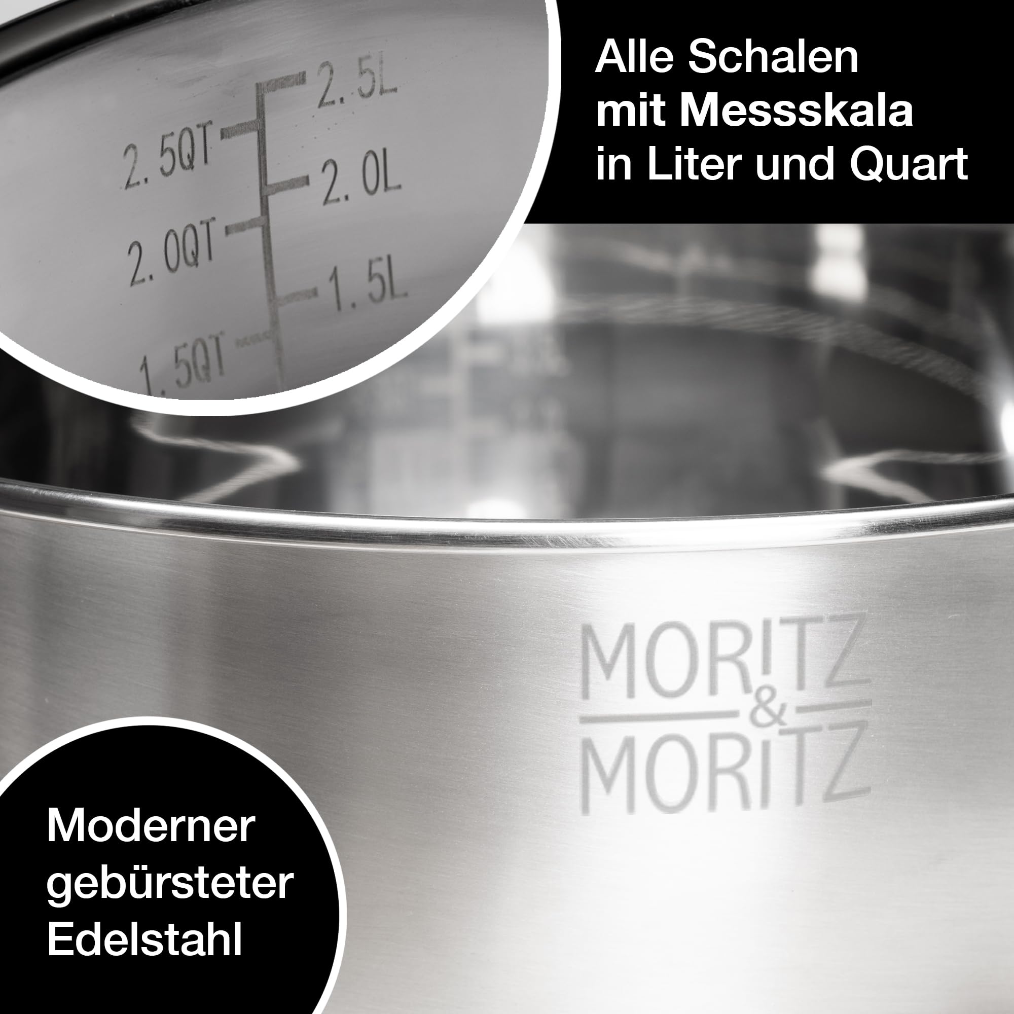 Moritz & Moritz 5er Rührschüssel mit Deckel - 0,6 bis 4,5L - Edelstahl mit BPA-freien Anti-Rutsch-Böden - Stapelbare Salatschüssel mit Deckel und 3 Reibeinsätze - Spülmaschinengeeignet