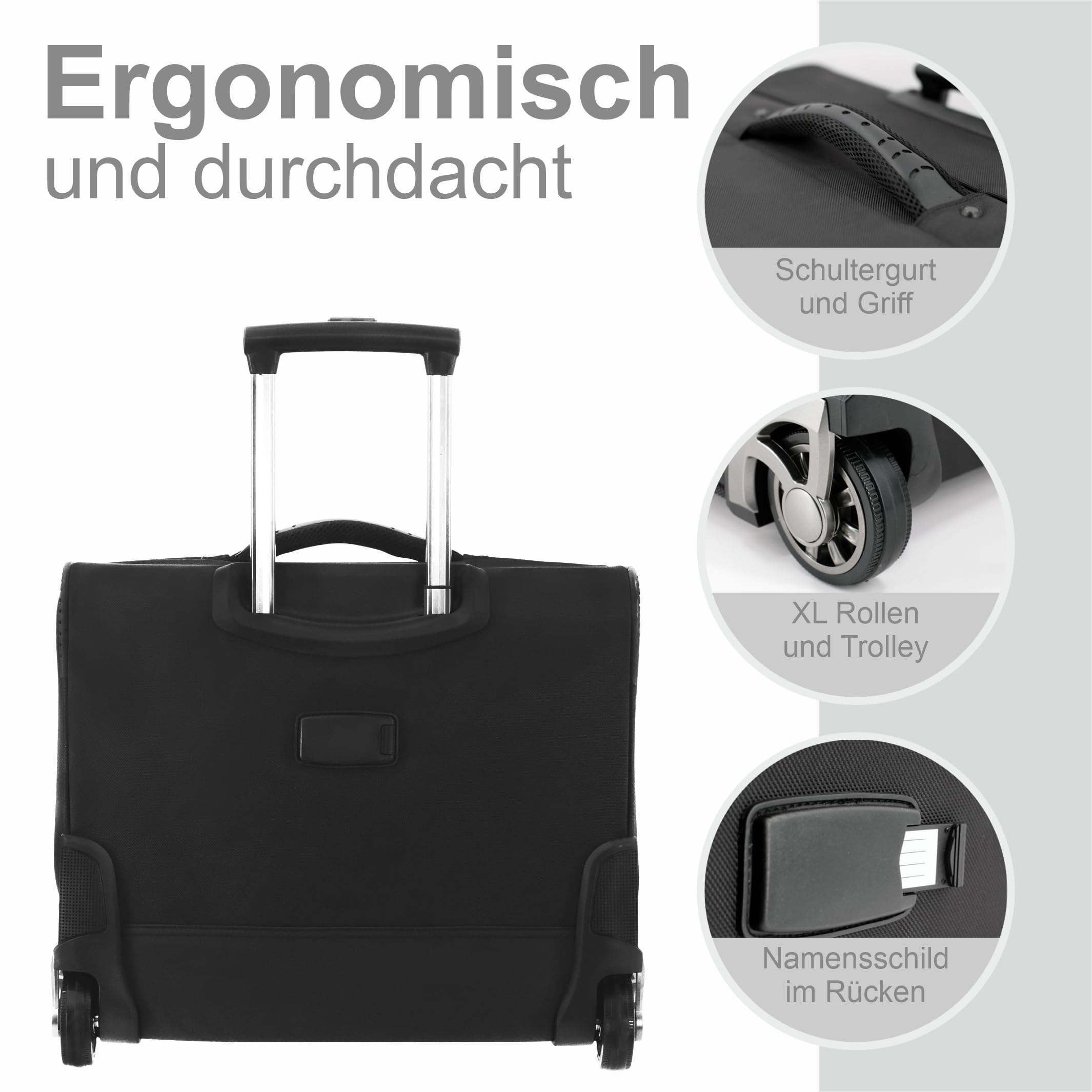 Aktenkoffer mit Rollen – XL Aktenkoffer Trolley aus recyceltem Polyester (rPET) für 5 A4 Aktenordner, Pilotenkoffer Business, schwarz