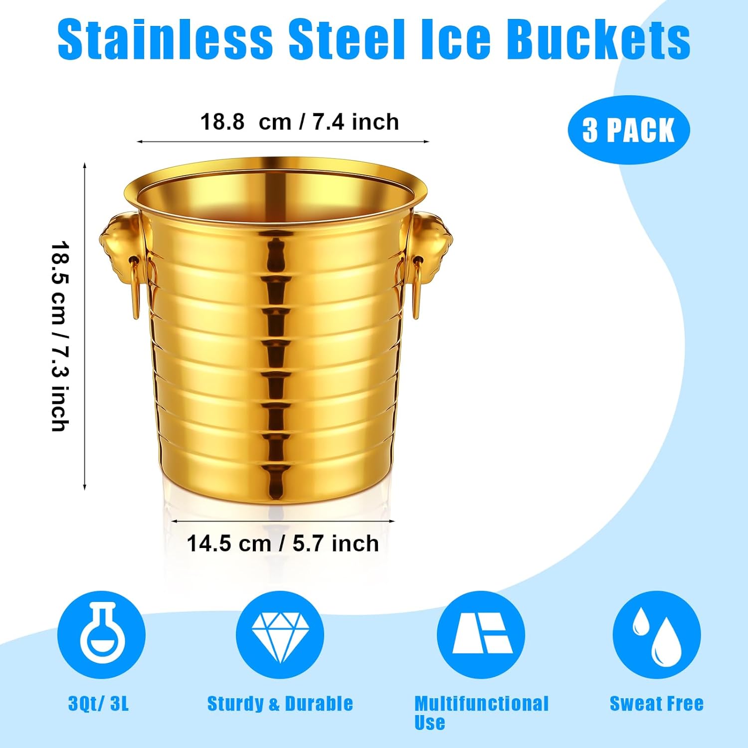 Pinkunn 3 Pack Stainless Steel Champagne Bucket 3 Qt Metal Ice Bucket Double Wall Wine Buckets with Handles Party Beverage Chiller for Champagne Beer Cocktail Wine Drinks Home Bar Accessories (Gold)