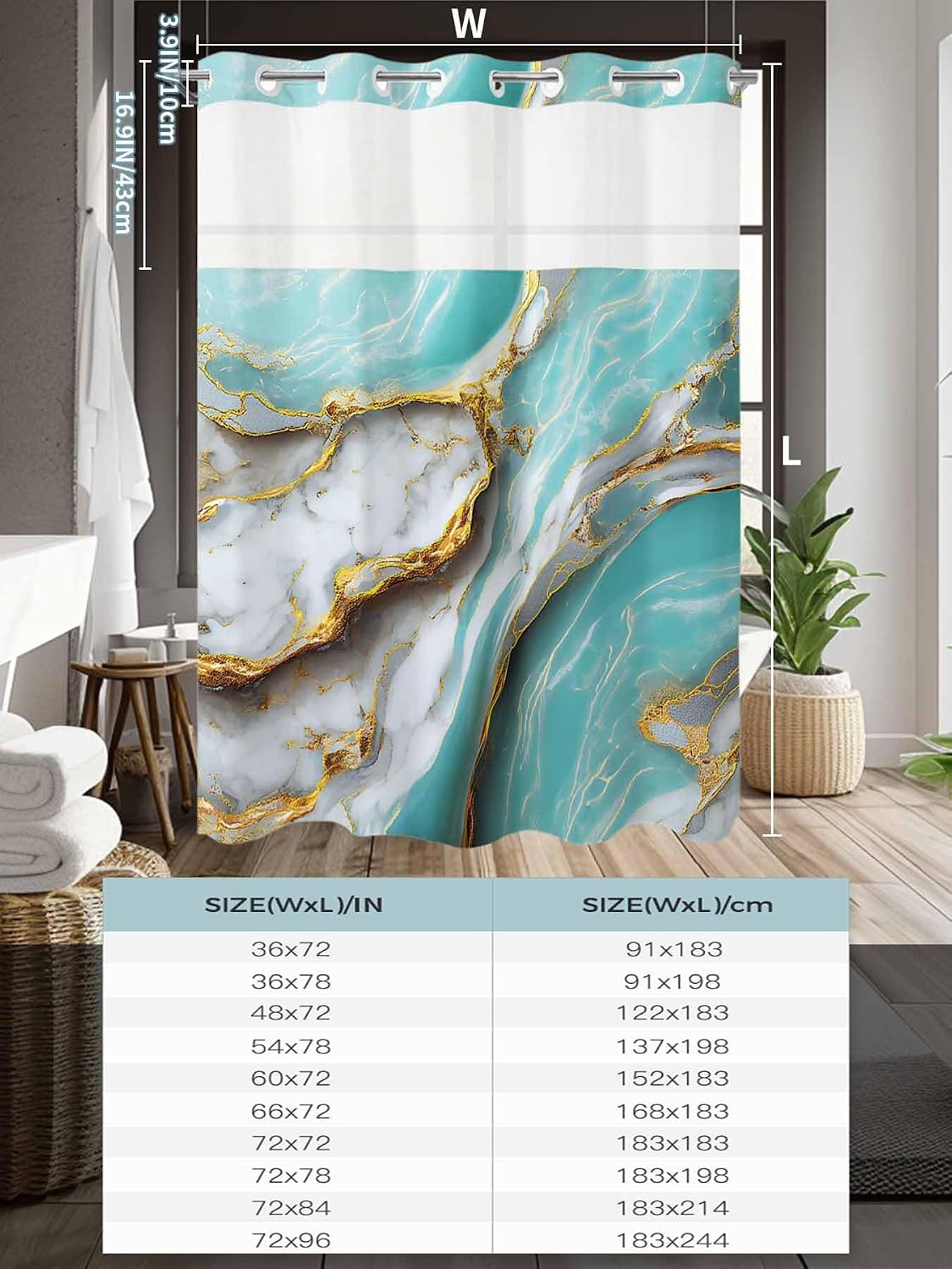 Turquoise Marble No Hook Shower Curtain with Snap in Liner Waterproof Fabric Shower Curtain Set for Bathroom Modern Abstract Gold Stripes Art Shower Curtain with See Through Top Window 60"x72"