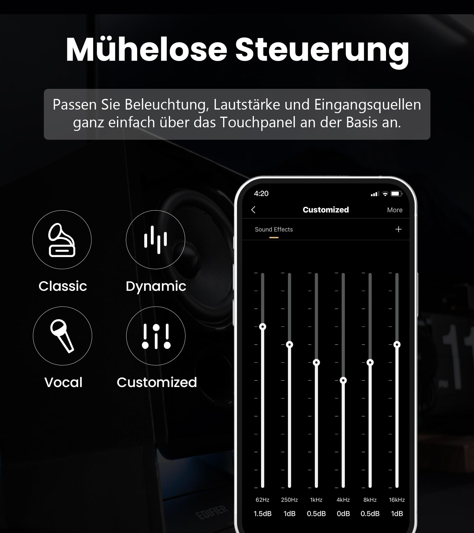 Edifier R20BT USB-betriebene Computerlautsprecher, 2,75-Zoll-Breitbandlautsprecher, Bluetooth 6.0,Touch-Bedienelemente,AUX-Eingang,benutzerdefinierte Umgebungslichtund Klangprofile über APP – Schwarz