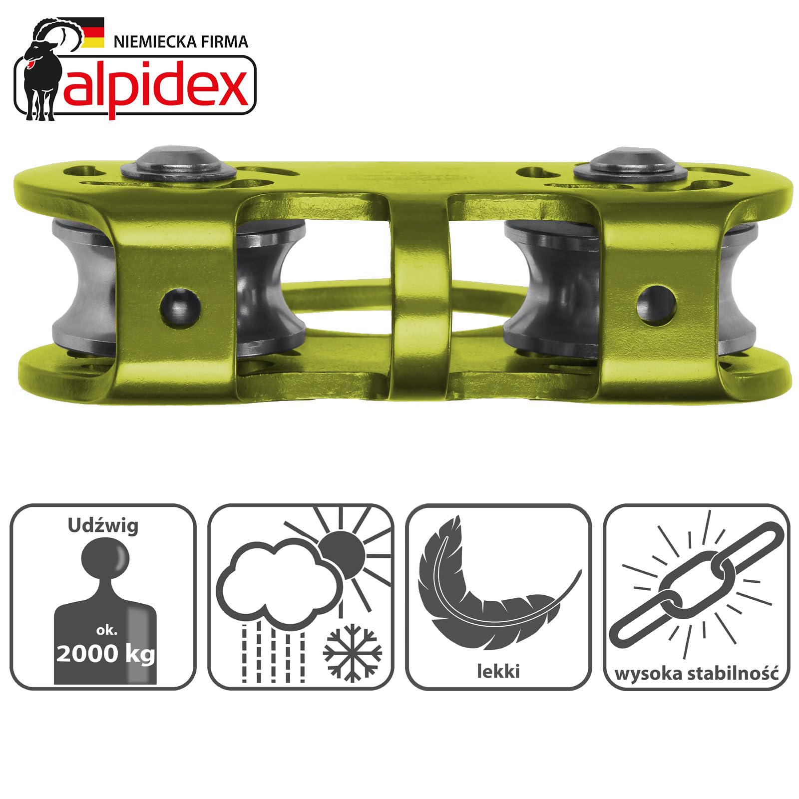 ALPIDEX Rolka Do Wspinaczki 20 kN - Tandem Pulley Koła Pasowego - Lin Stalowych Do 12 mm Tekstylnych Do 13 mm - EN12278