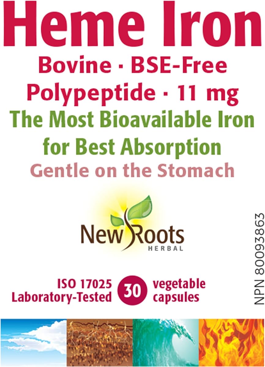 NEW ROOTS HERBAL New Roots Herbal Heme Iron (Bovine) Polypeptide 11mg 30 Veg Capsules - Bioavailable Iron Supplement, Vitamin C, B12 & Folate, Supports Healthy Red Blood Cell Production and Energy Levels