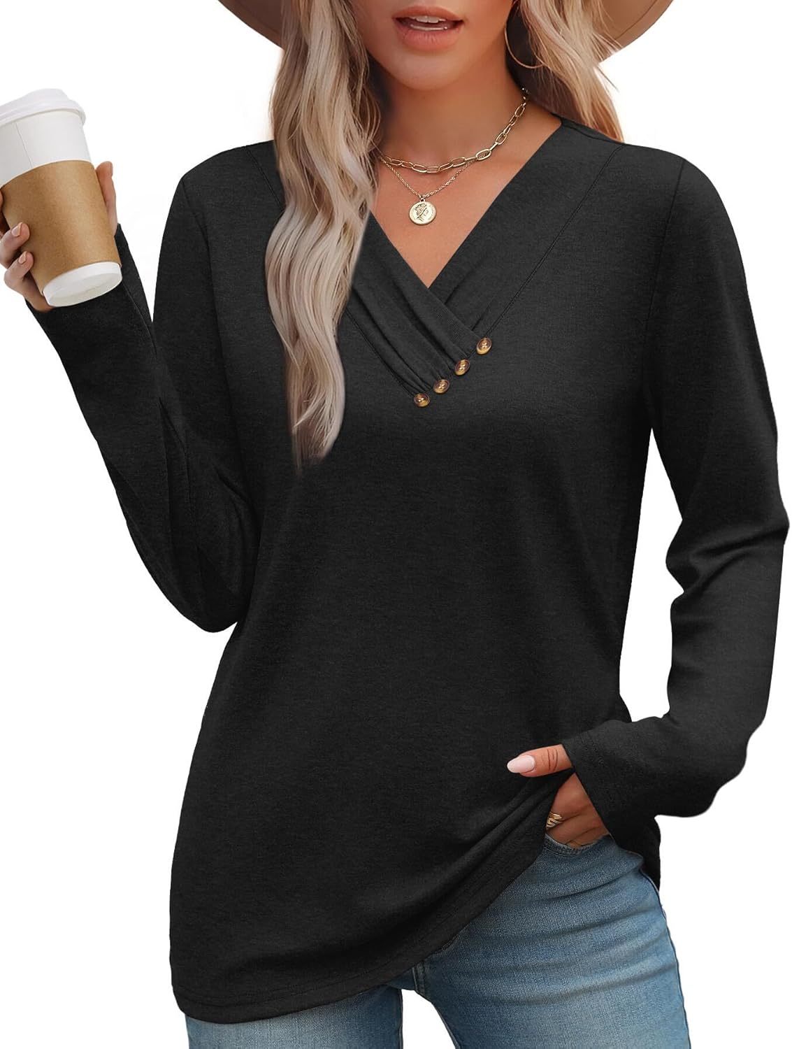 WIHOLL Long Sleeve Shirts for Women Fall Outfits V Neck T Shirts Button Down Tunic Tops Fashion Clothing - Image 3