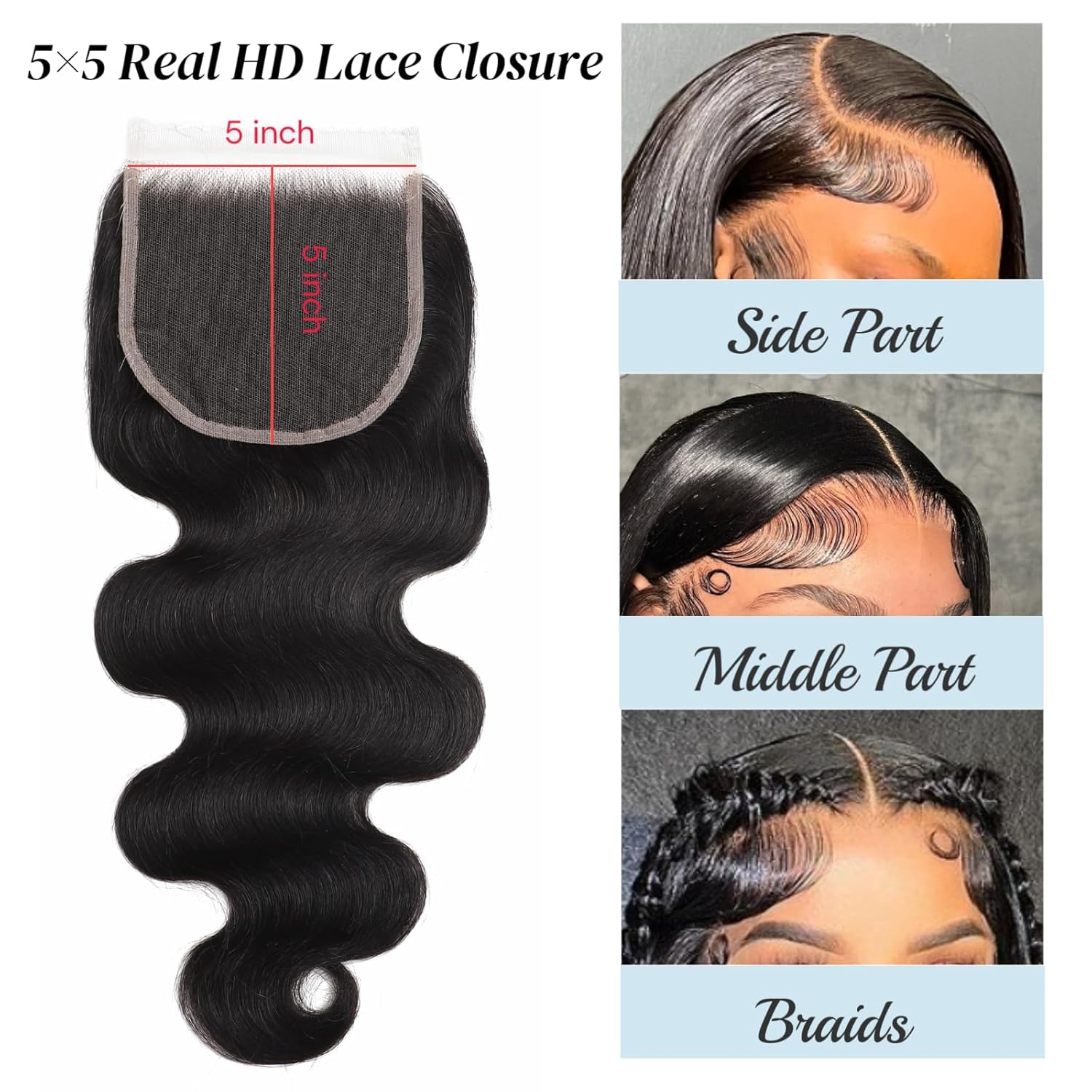 5x5 SKINLIKE 100% Real HD Lace Closure Human Hair Body Wave Closure 0.095mm Ultra-thin Invisible Swiss HD Lace Closure Pre Plucked Small Single Knots Brazilian Virgin Human Hair HD Closure 10inch