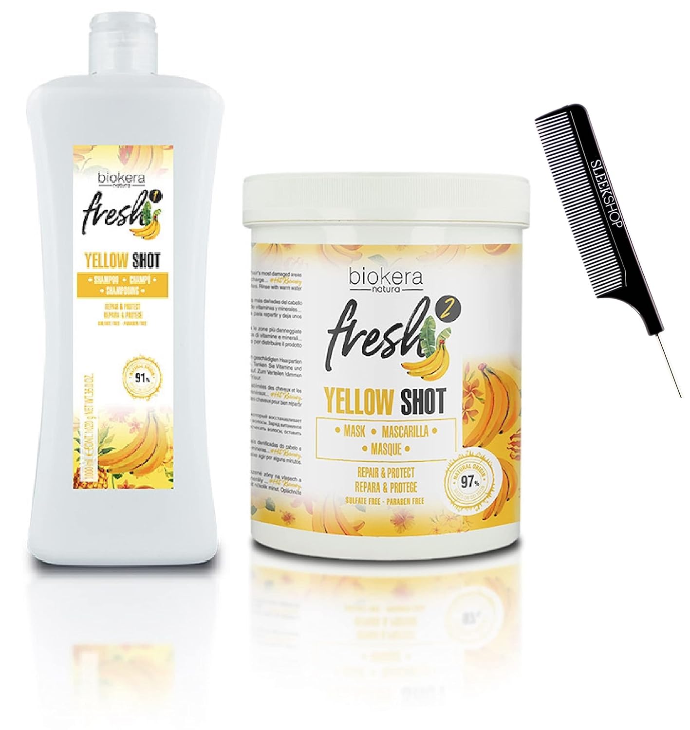 Kuss Comb + 𝐒𝐚𝐥𝐞𝐫m Biokera Natura Fresh YELLOW SHOT Shampoo & Mask Masque Duo Seet XXL Large Liter Sizes Kit (w/Pin Comb) (36 oz + 33.5 oz - LARGE PRO DUO KIT)