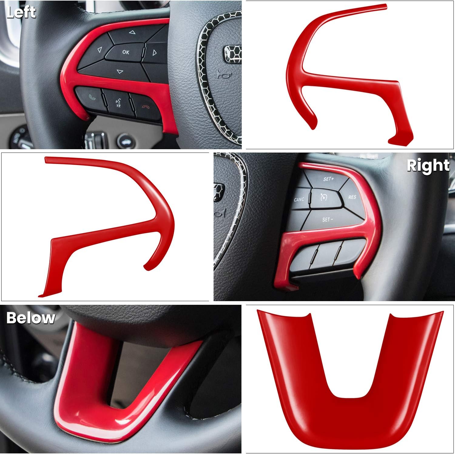 Steering Wheel Cover Trim Interior Accessories Decoration Kit for 2015-2024 Dodge Challenger Charger, for 2014-2024 Dodge Durango & Jeep Grand Cherokee SRT8 (Red 3PCS)