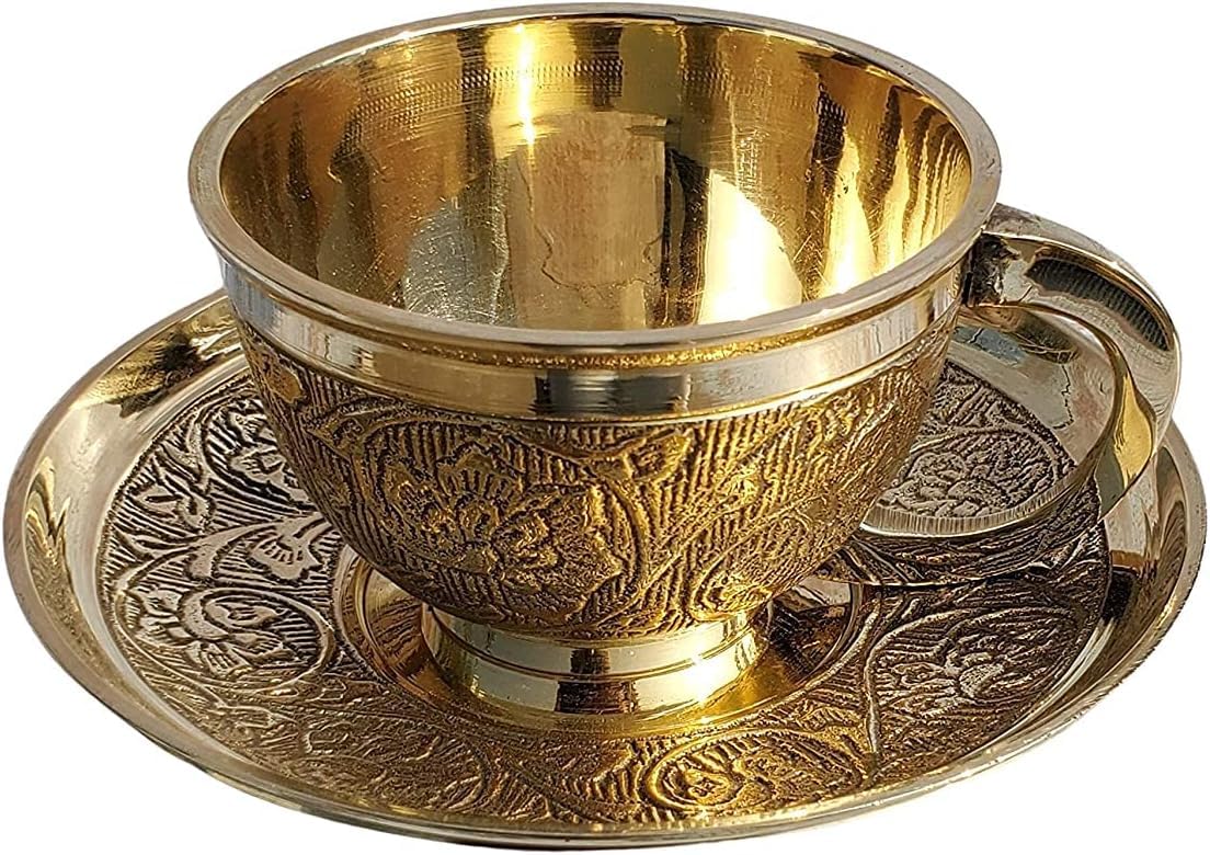 Pure Brass Embossed Design Cup & Saucer, Serving Tea Coffee, Tableware, Volume- 150 ML (1)