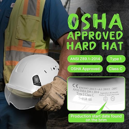 Miniatura 6 de AOLAMEGS Casco de seguridad para la construcción con visera ANSI Z89.1, aprobado por la OSHA, casco de seguridad de construcción, cascos blancos