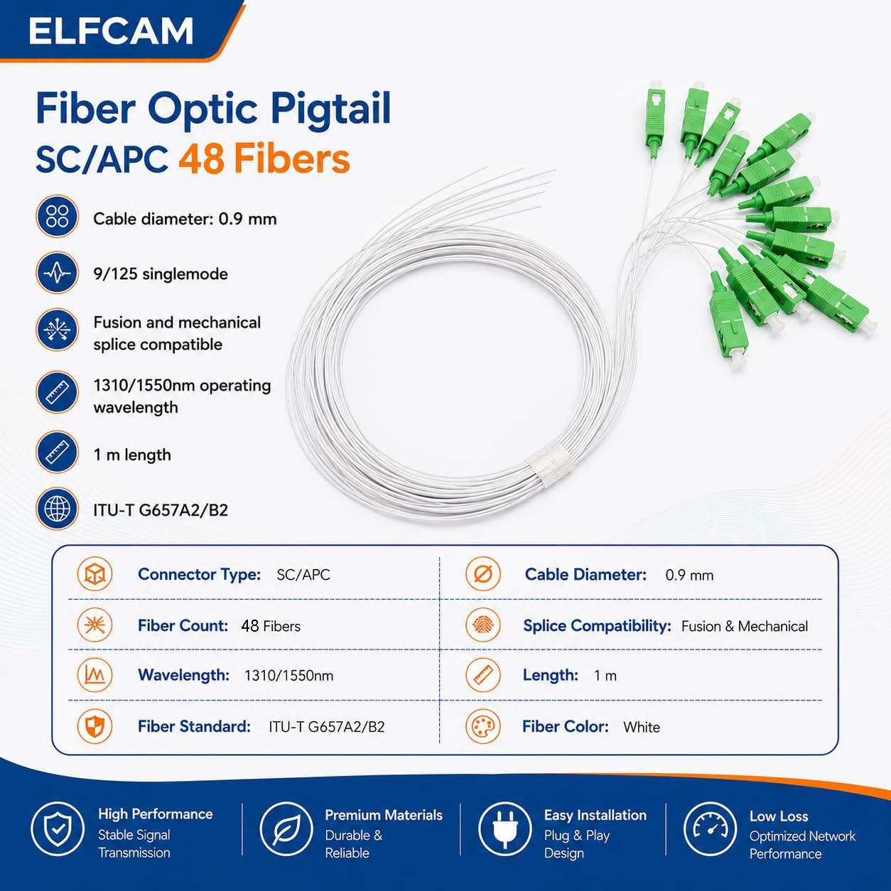 Elfcam - Pigtail in fibra ottica SC/APC monomodale Simplex 9/125um OS2 0,9 mm 1 metro (confezione da 48, bianco)