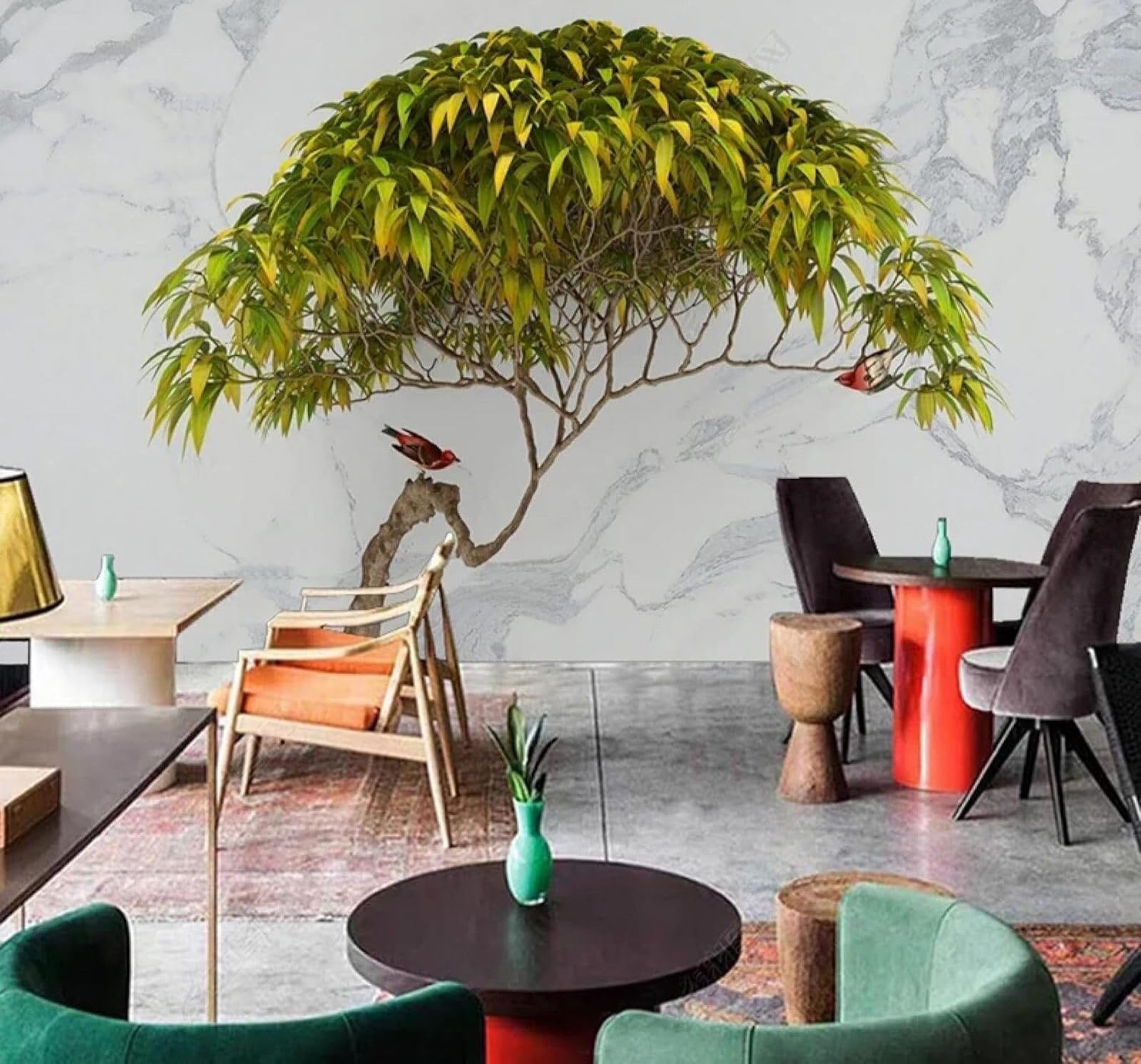3D Carta Da Parati Rilievo Verde Alberi Uccelli E Fiori Finto Marmo