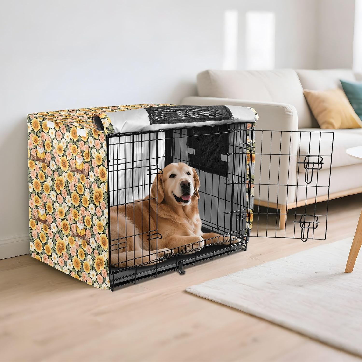 Gnomes Sunflowers Dog Cage Covers Puppy Kennel Cover Dog Crate Curtains 48 Inch