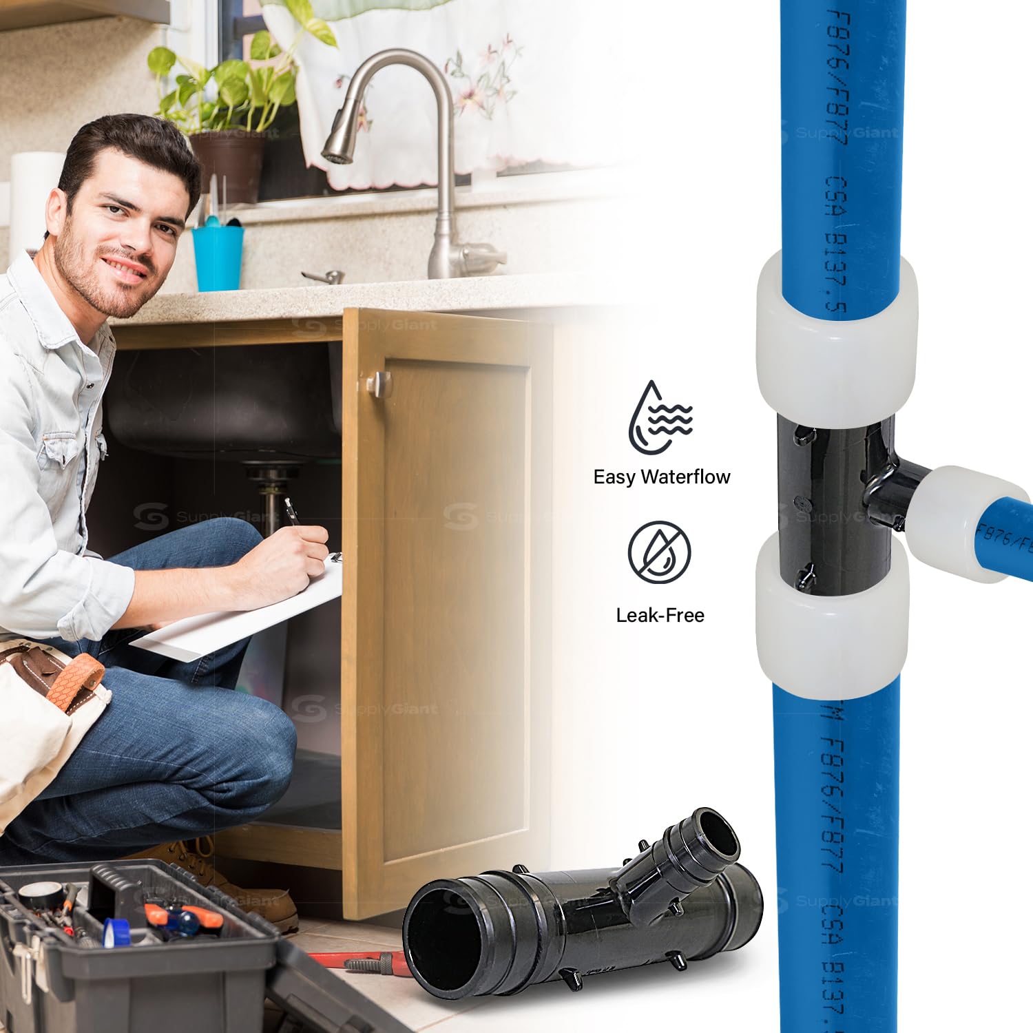 Lot de 5 raccords en T d'extension en polyéthylène Pex-A 5,1 x 5,1 x 2,5 cm, raccord en T F1960 2,5 x 2,5 x 1,27 cm, raccords de tuyau en plastique pour une utilisation avec des tubes Pex-A
