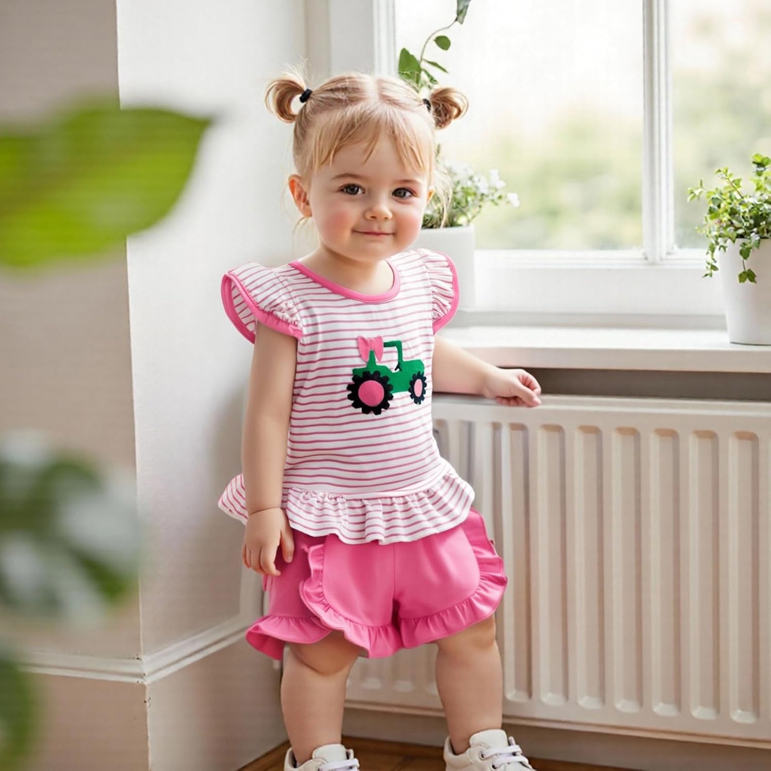 Toddler Baby Girl Farm Outfit Tractor Embroidery Stripe Flutter Sleeve Shirt Tops Ruffle Shorts Set Summer Clothes - Image 5