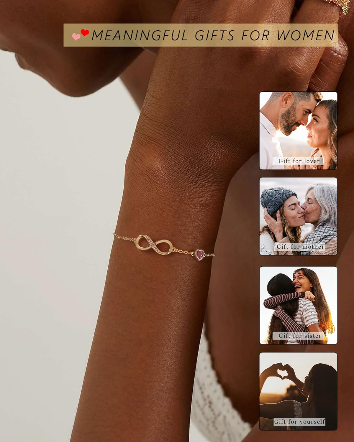 Infinity Birthstone Bracelets for Women Gold Charm Bracelets Non Tarnish Dainty 14K Gold Plated Heart Love Bracelets Birthday Jewelry Valentine's Day Gifts for Anniversary Wife Girlfriend Her - Image 6