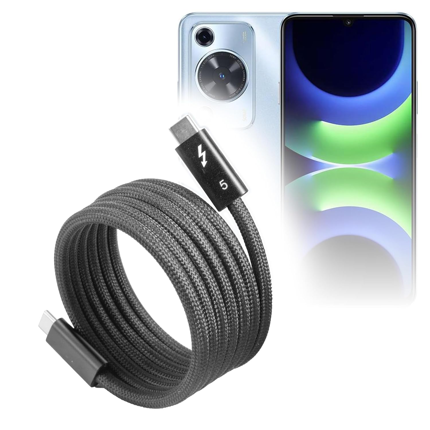 BoxWave Cable Compatible with Huawei Nova Y72S - SnapWrap Thunderbolt 5.0 Cable (5ft 240W), Magnetic Self-Coiling Nylon Braided Retractable - Jet Black