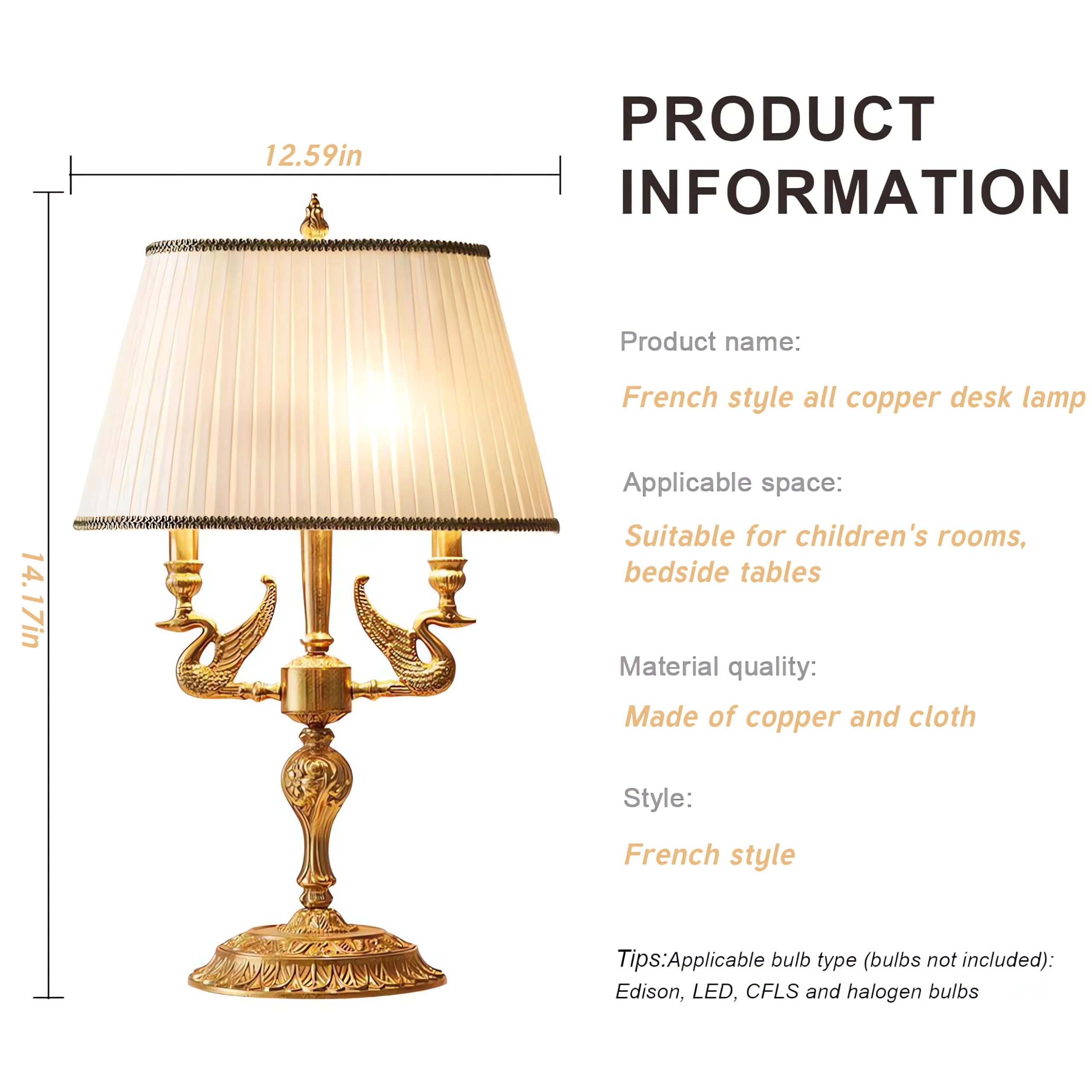 Lampa biurkowa w stylu francuskim, dwuramienna, w całości z miedzi, z żarówkami E14, ciepłe, miękkie światło do czytania, idealna na stolik nocny lub do gabinetu