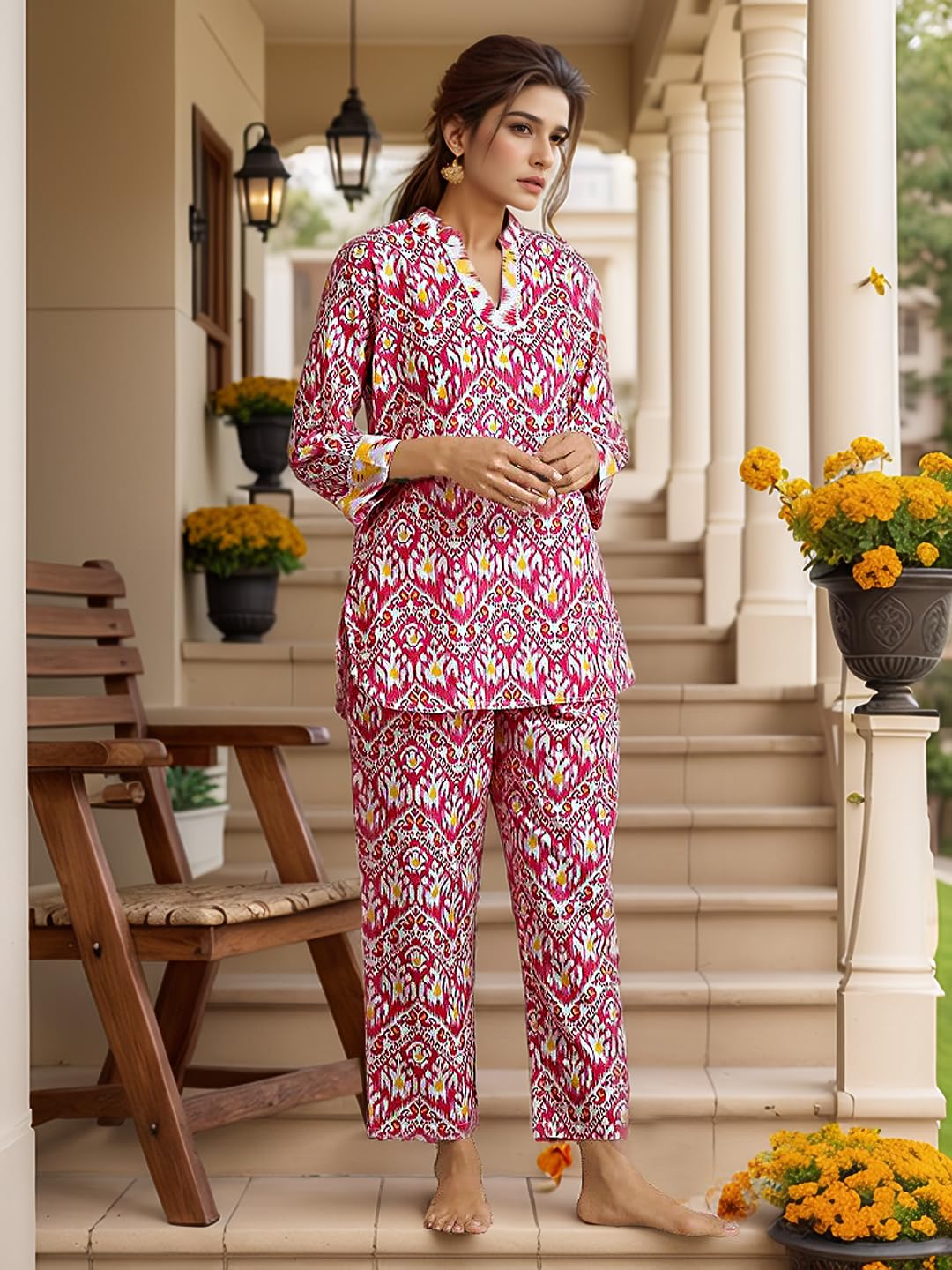 Nainvish Women's Pink Printed Straight Rayon Blend V-Neck Co-Ord Set (Sd727_Kb-L_Pink)