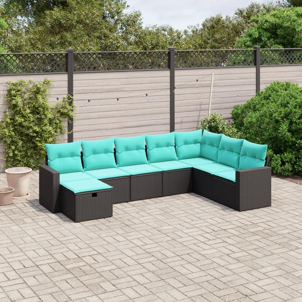 vidaXL Patio Sofa Set - 8 Piece Outdoor Furniture with Cushions - Black Poly Rattan - for Garden, Patio, Deck, Terrace