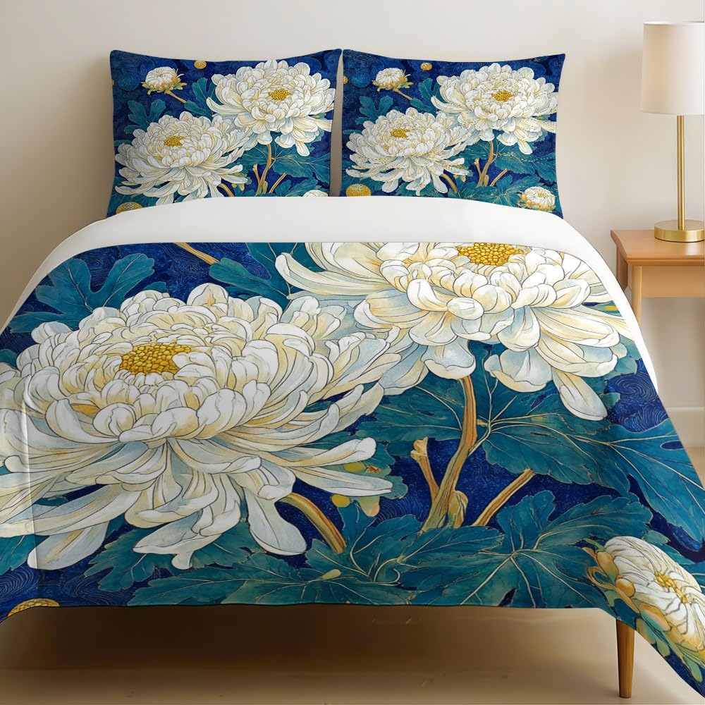 Housse de couette 200x200 cm motif floral chrysanthème blanc avec 2 taies d'oreiller