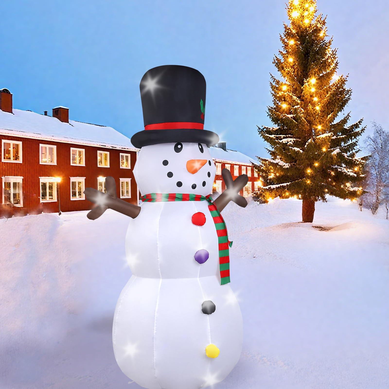 Bonhomme de Neige de Noël Gonflable, 240cm Bonhomme de Neige avec Lumières LED, Décoration de Noël avec des Pieux de Cordes Fixes, Décoration du Modèle pour Jardin Fête Intérieur Extérieur -1250mA/15W