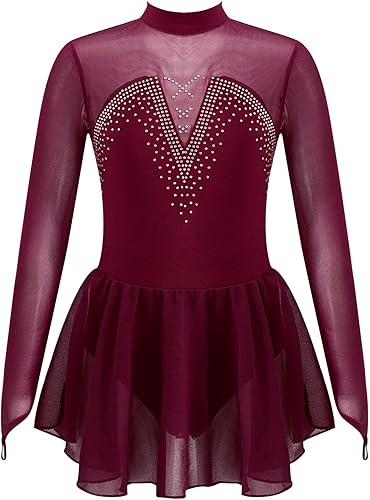 Vestido de patinaje sobre hielo artístico para niñas y niñas, manga larga, con diamantes de imitación brillantes, malla empalme, leotardo para