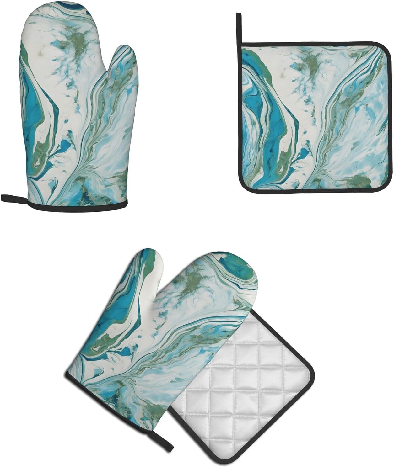 Teal and Gold Marble:Full Width Printing Kitchen Baking Two-Piece Set, A Must-Have Tool Set for Novice Home Cake Makers, Suitable for Both Left and Right Hands, Anti Slip and High Temperature
