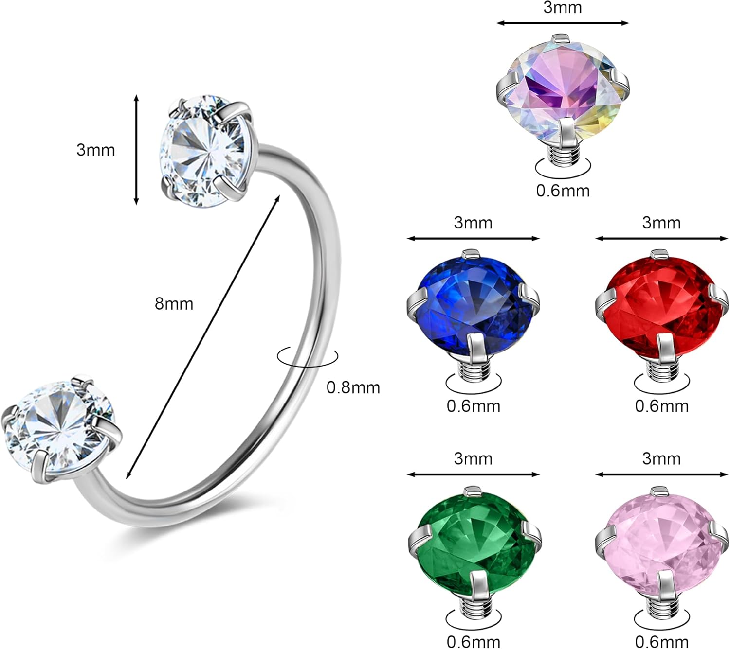 G23 Titanium Horseshoe Nose Rings 20G Horse Shoe Nose Ring Hoops Surgical Steel Half Cartilage Tragus Earring Hoop Internally Threaded Double Cubic Zirconia Nose Septum Piercing Jewelry - Image 2