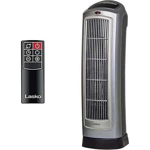 Lasko Oscillating Digital Ceramic Tower Heater for Home with Adjustable Thermostat, Timer and Remote Control, 23 Inches, 1500W, Silver, 755320