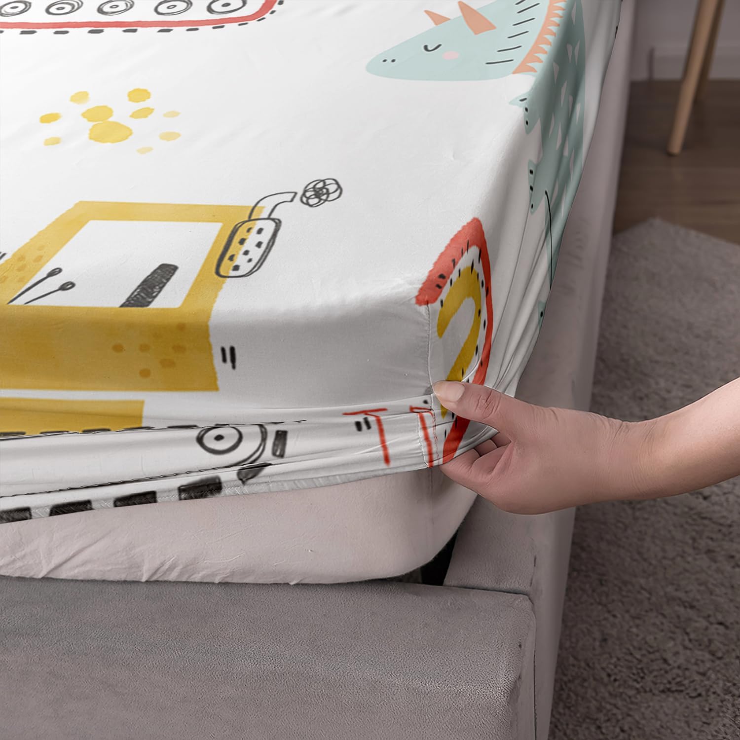 AILONEN Dinosaur Twin XL Fitted Sheet Set, Boys Kawaii Cartoon Dinosaur & Construction Excavator Sheet Set, 3 Pieces (1 Fitted Sheet, 2 Pillowcases)
