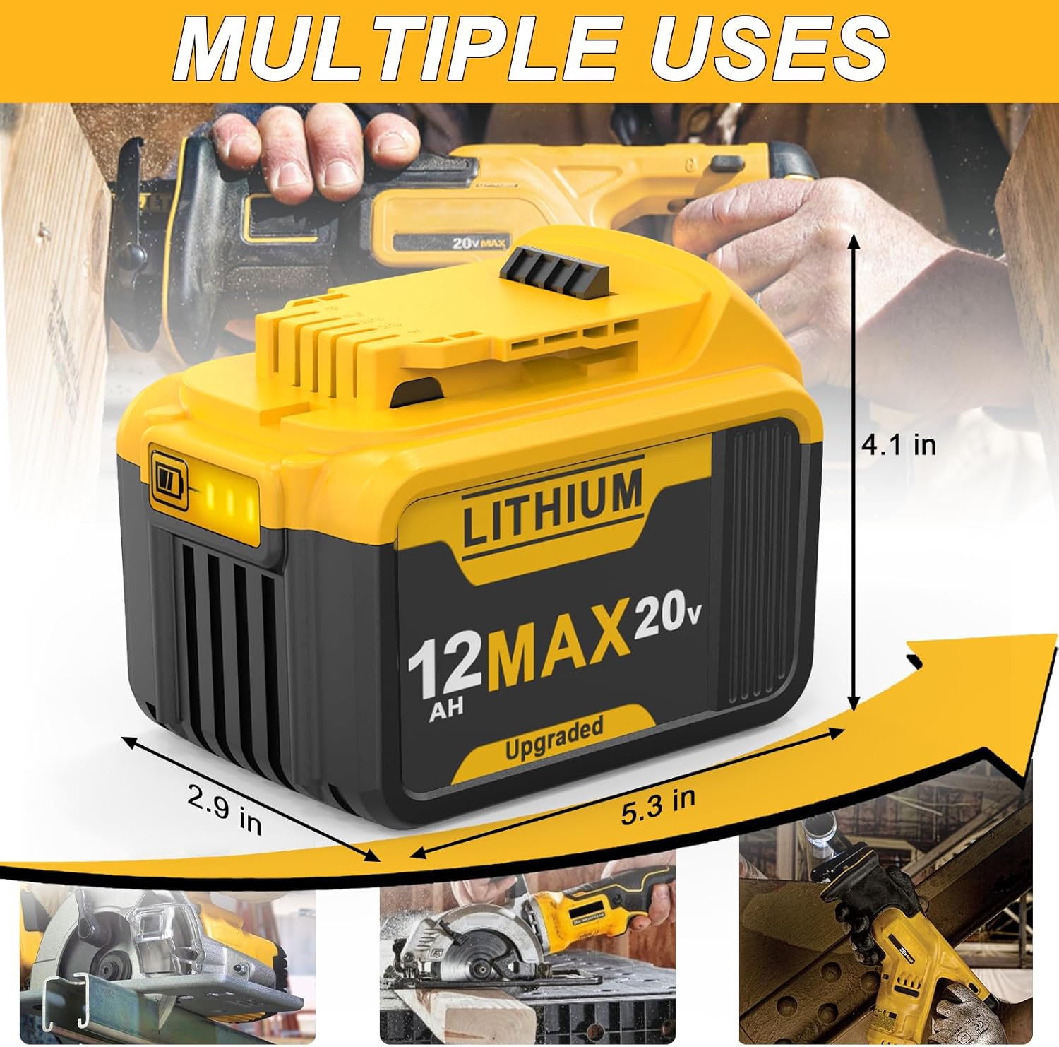2 Packs 12.0Ah Battery Replacement for Dewalt 20V Max Battery Lithium Ion Compatible with 20 Volt Batteries Cordless Power Tools DCB200 DCB206 DCB204 DCB203 Series