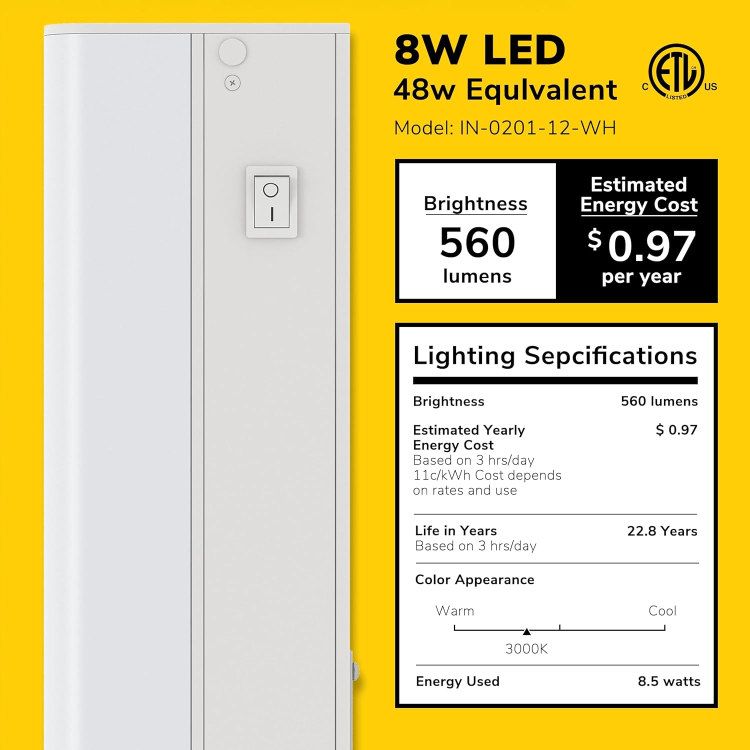 Inlight 18-inch Hardwired Only LED Under Cabinet Lighting, Soft White(3000K), Dimmable, Matte White Finished, ETL Listed, IN-0201-12-WH