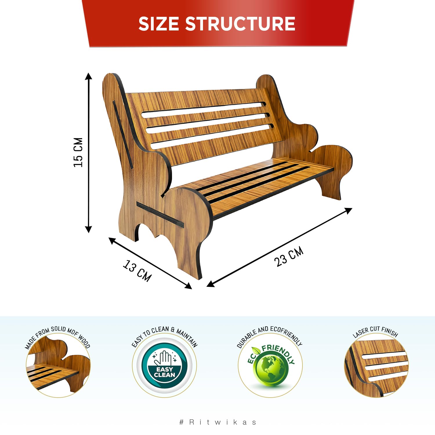 Ritwika's Handcrafted DIY Assemble Wooden Mini Bench Showpiece for Bedroom, Office Desk & Home Decoration, Solid MDF Material | Gift to Your Loved Ones, Size - 23 x 13 x 15 Cm, Set of 1 (Wood Brown) 1