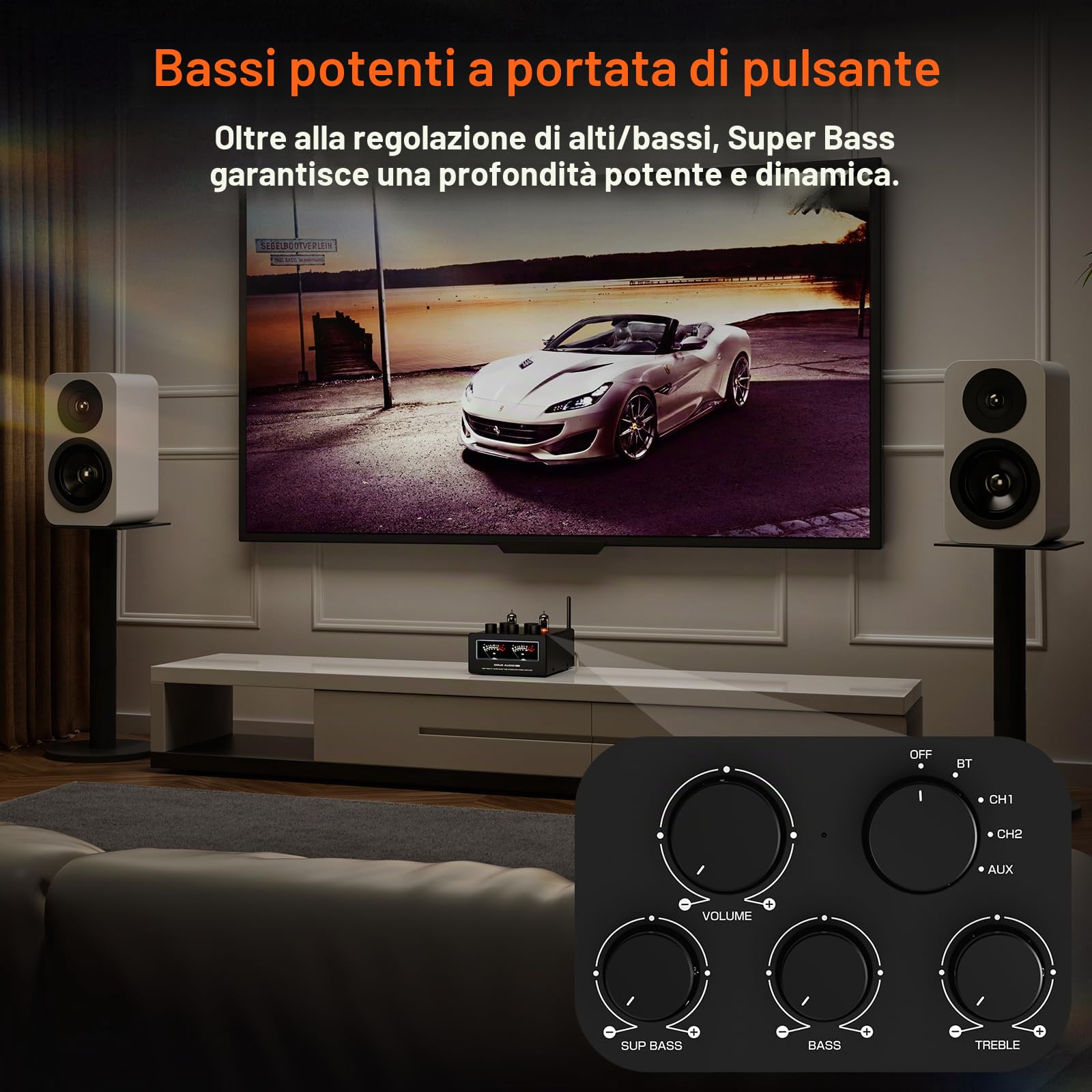Douk Audio Amplificatore tubo Bluetooth T6 PRO: 300 W x2 TPA3255 a 2 canali stereo – Doppio metro VU & Super Bass – per sistemi home theater e HiFi (nero)