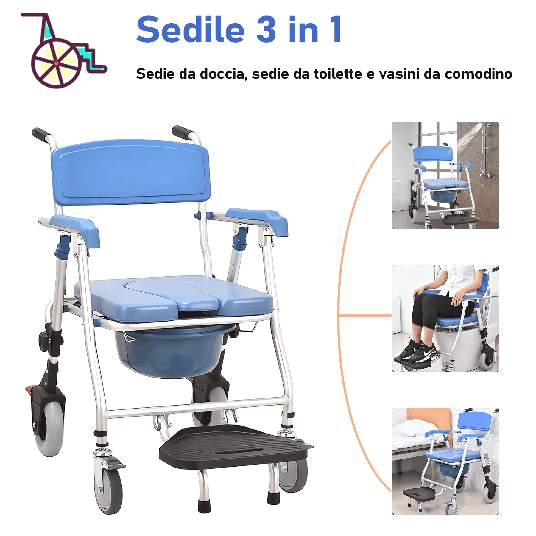 Sedia da Doccia con Rotelle per Anziani e Disabili, Sedia per WC con Rotelle Pieghevole, Sedile da Bagno - 4 Ruote con Freni, Ridurre L'attività per Evitare Lesioni, Carico 150 kg