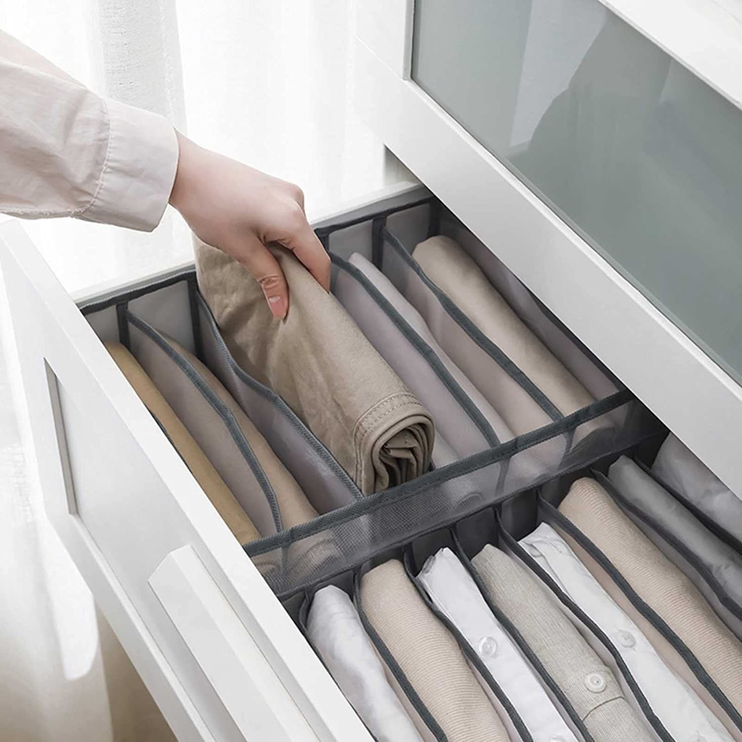 3 Pièces Boîte De Rangement Pour Compartiment Jeans Organisateur De Vêtements De Placard 6 Grilles Boîte De Séparation En Maille Pour Tiroir Closet Clothes Pour Pantalon T-shirt Sous-vêtements