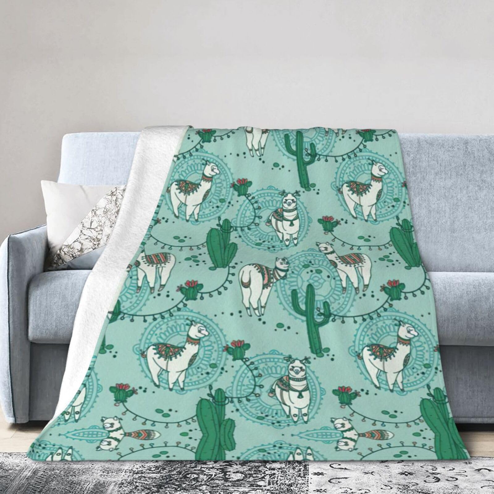 Uusnwaa Soft Cosy Fleece Warm Throw Llama Alpaca Green Print Blanket