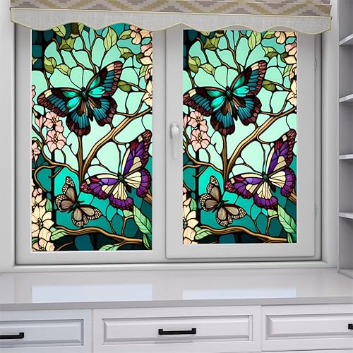 Miniatura 4 de 1 hoja de película de privacidad para ventana, diseño floral, removible con diseño de mariposa, calcomanías decorativas para ventana de vidrio, para