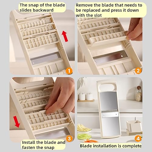 Miniatura 9 de Cortador de verduras, tabla de cortar alimentos 5 en 1 con cesta de drenaje y 5 cuchillas de acero inoxidable, cortador de mandolina para ensalada,