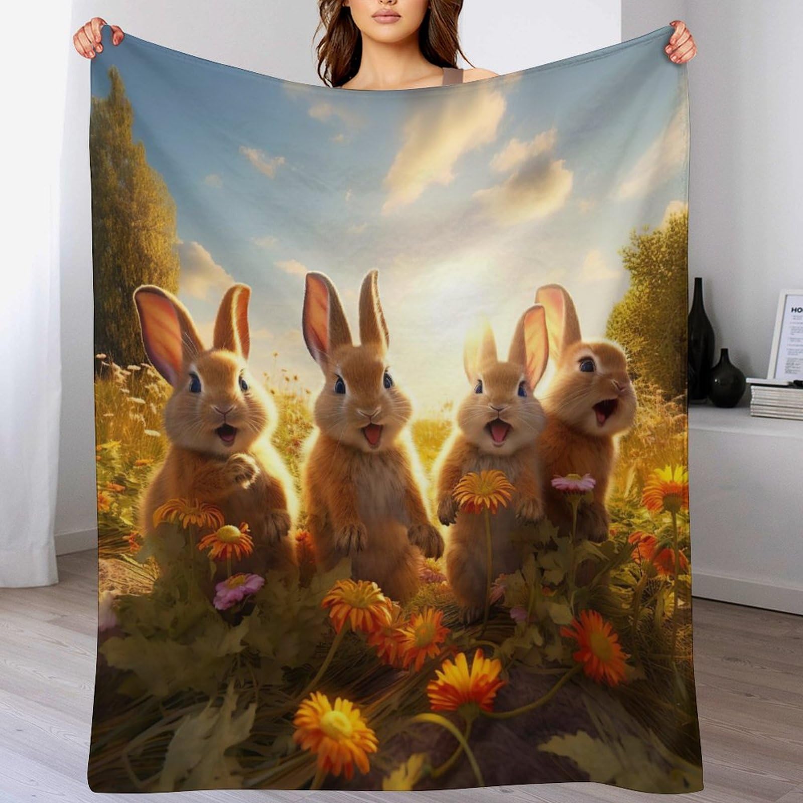 Couverture douce lit et canapé anti-froid plaid lapin en flanelle confortable