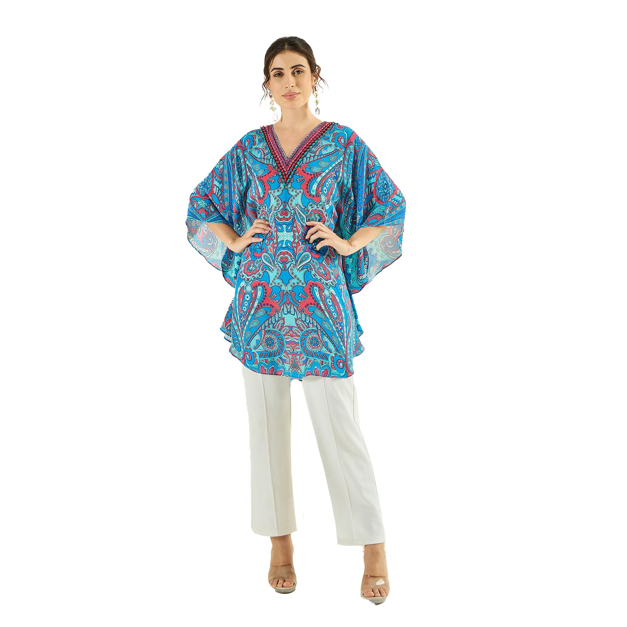 Hot Pink and Blue Paisley Tunic in Double Viscose Georgette for Women by Ramola Bachchan-image-25
