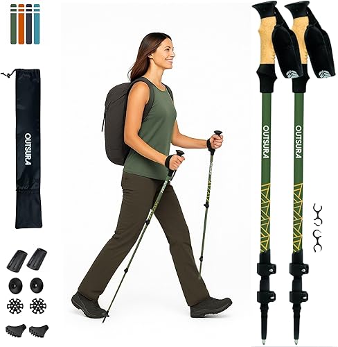 Outsura Bastones de senderismo plegables y ligeros de aluminio de grado aeronáutico con agarre de corcho y bloqueo rápido, par de 2 bastones para