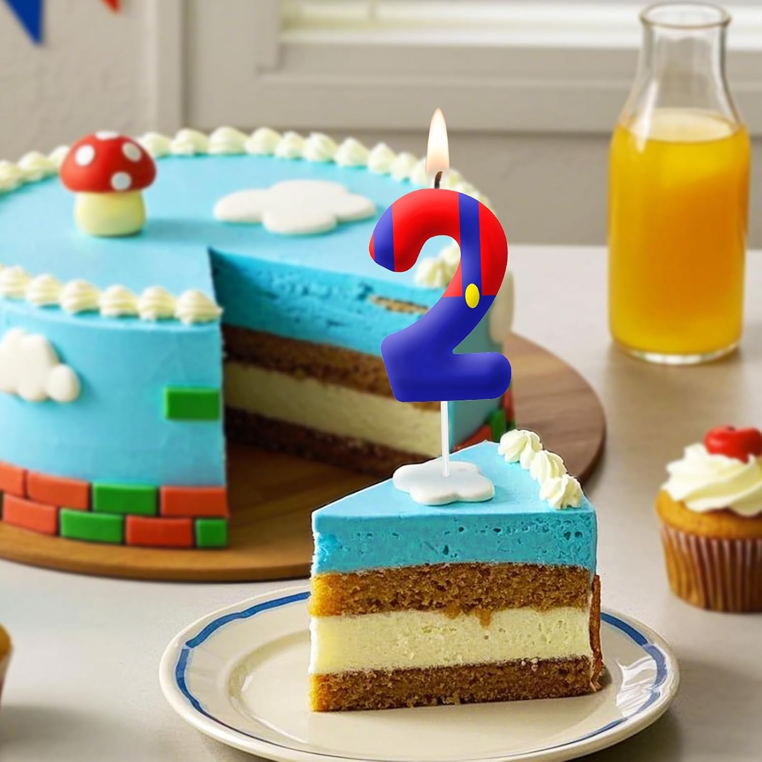 4th Birthday Candles, Blue Red Cake Topper for Boys Girls, Number 4 Candle Cartoon Themed Birthday Decorations Party Supplies