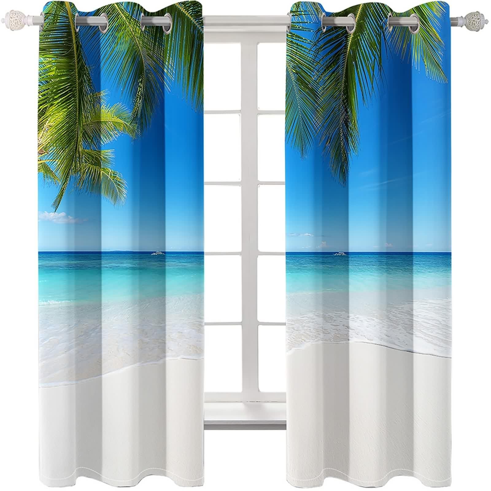 Rideau Anniversaire, Rideau Stof Polyester Bleu Vert Beige Paysage de Feuilles de Palmier sur La Plage 107L x 138H CM Lot de 2