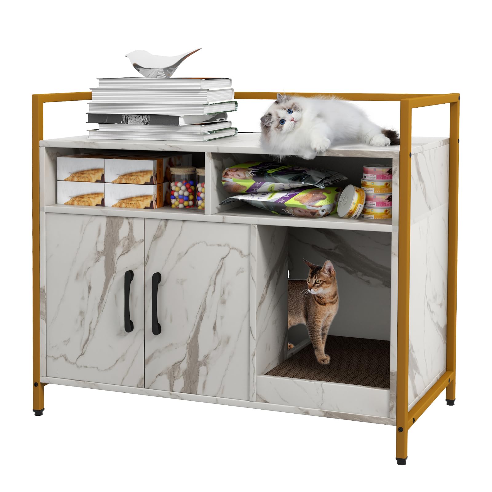 GOPLUS Mueble Arenero para Gatos, Caja de Arena para Gato con Estructura de Metal, Aseo Cerrado con Estantes, Casa de Mascotas Interior, Lavabo Oculto para Mascota, 89 x 45 x 74,5 cm (Mármol)