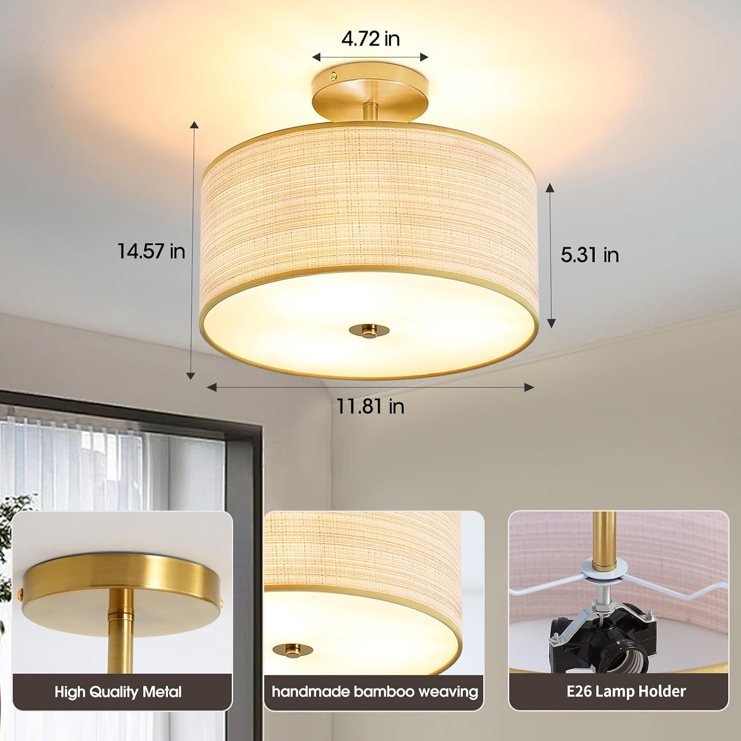 Fabric Semi Flush Mount Lighting Fixture, Modern Semi Chandeliers for Dining Room, Drum Farmhouse Ceiling Lighting Fixture, Brown Fabric Shade 3-Light for Kitchen Island Bedroom Hallway Foyer