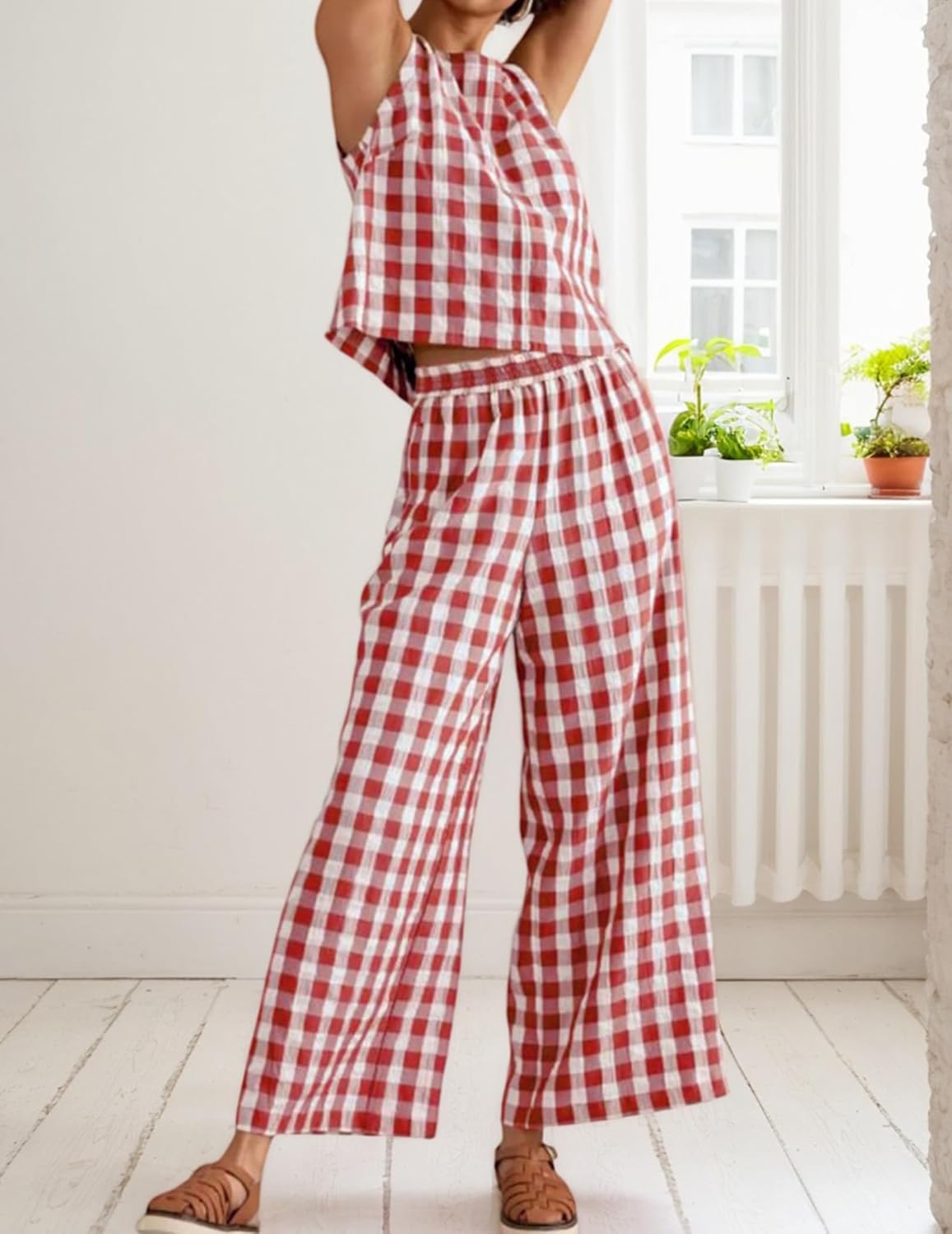 Womens 2 Piece Outfits Gingham Set Summer Cotton Plaid Pajamas Y2k Sleeveless Top Summer Wide Leg Pants Matching - Image 2