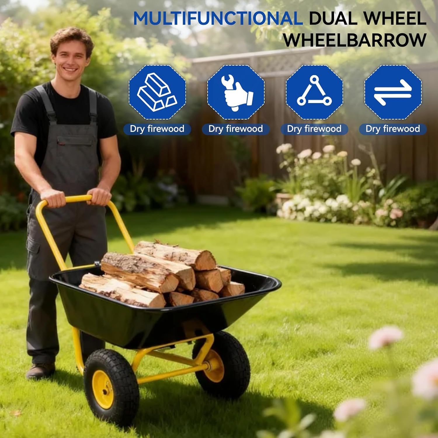 Dual Wheel Garden Wheelbarrow,Heavy Duty Yard Cart with 10“/15" Pneumatic Tires, Rustproof Poly Tray & Steel Handle, 300 lbs Capacity Utility Cart for Lawn, Farm, and Landscaping (Yellow+Black-10“)