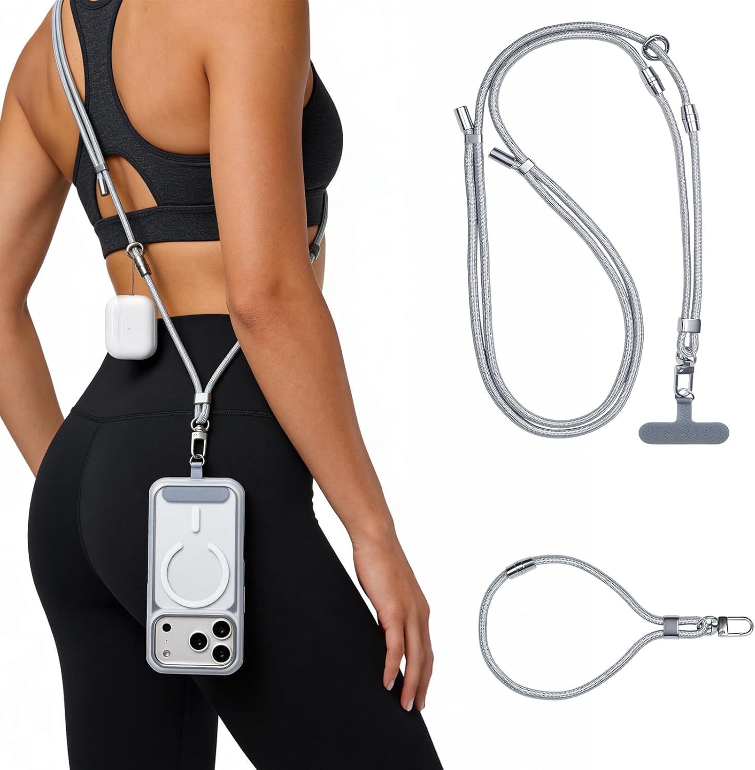 Phone Lanyard & Phone Wrist Strap, 3 in 1 Adjustable Anti Theft Phone Strap for Cell Phone Lanyard, Convertible Crossbody Strap with Locking Knob for Travel Hiking Cycling Climbing (Grey)