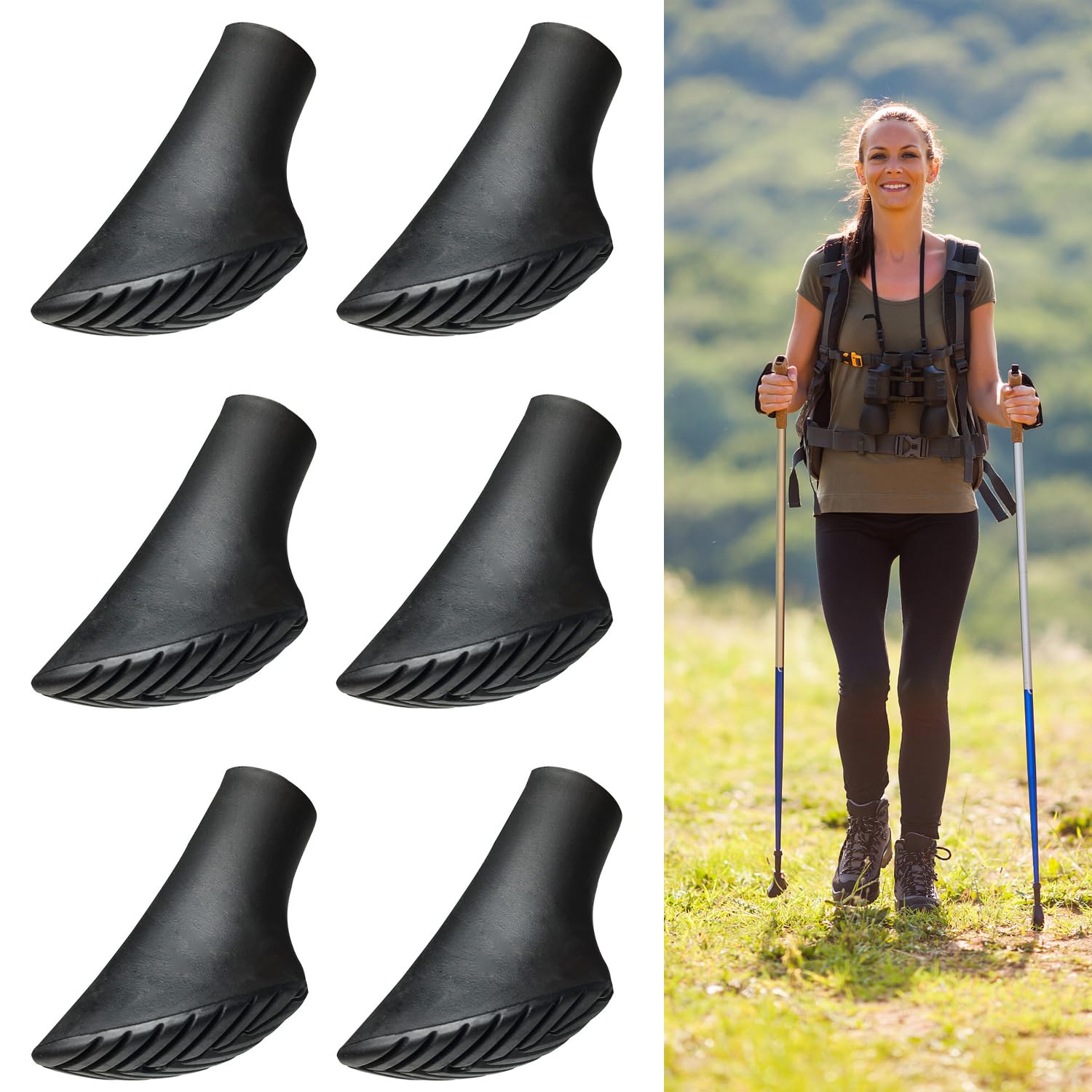 Xynovate 6 Stück Nordic Walking Stöcke Gummipuffe, Weiche Dämpfende Gummipuffer für Wanderstöcke Trekkingstöcke Walkingstöcke Asphalt Kies Berge Wandern (Black)